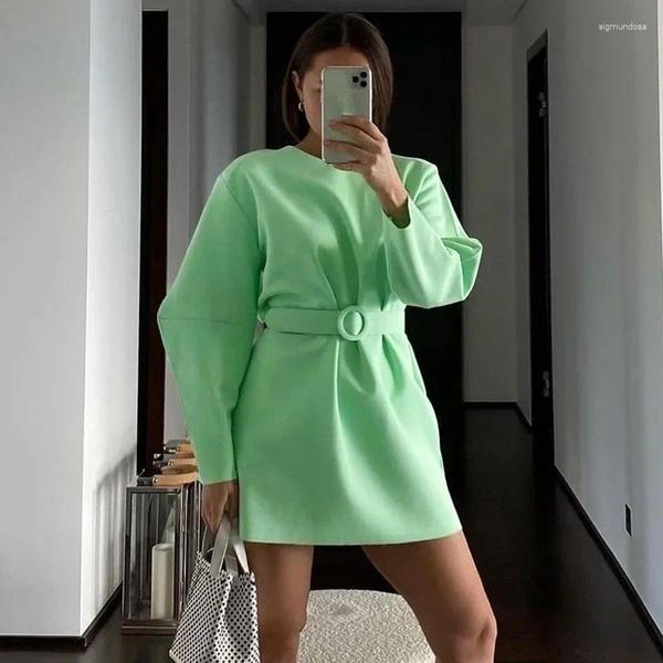 Robes décontractées 2024 Simple O Cou Vert Femmes Sweats à capuche Mini Sweatshirts Robe Automne Sexy Club Manches longues avec ceinture Party Y2K