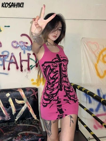 Robes décontractées 2024 Robe de réservoir sans manches Femmes Punk Robe Vintage Haruku Imprimer Mini Tout Match Crayon de base Robe d'été