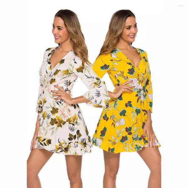 Vestidos informales 2024 Spring and Summer Women Women Women Wrapped V-Eck-Uck Wist-Up Campos Mangas de campana ajustable Mini Falda Vestido