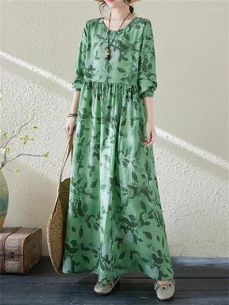 Vestidos casuales 2024 Primavera Otoño Algodón Vintage Floral Verde para mujeres sueltas Moda larga Vestido elegante Oficina Ropa de dama