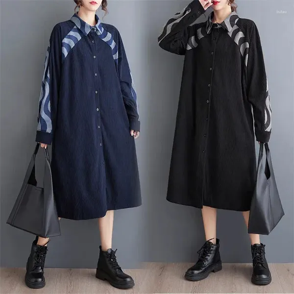 Vestidos informales 2024 Primavera Autumn Corea Down Collar Denim Patchwork Camisa Vestido Prema de jeans largos de gran tamaño Z4550