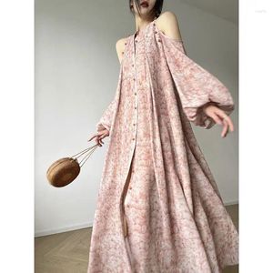 Robes décontractées 2024 Spring Beach Elegant Floral Midi Robe femme Français Français Fée Fée One Piece Fashion coréenne