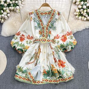 Robes décontractées 2024 Fashion Holiday Spring Retro Peinture Impression Robe Femme Vêtements Vêtements V Cou Nou Long Lantern Manche à celte