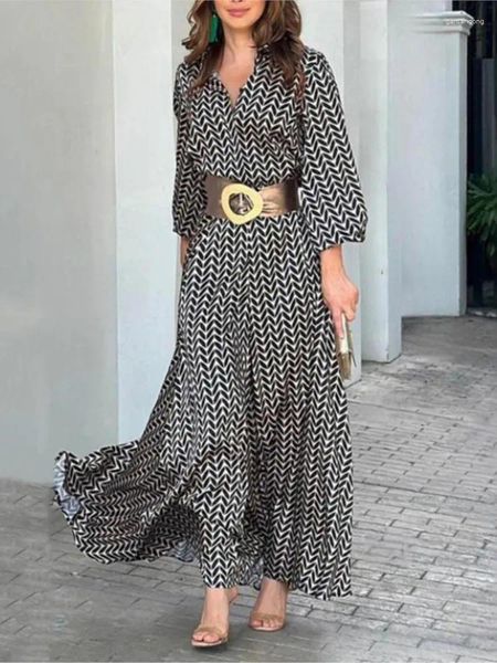 Robes décontractées 2024 Printemps à manches longues Imprimé maxi robe noire Vintage V Neck Fashion Evening Boho Beach Vestidos Midi Elegante Musulmane