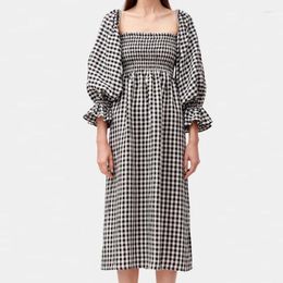 Robes décontractées 2024 Printemps Plaid Imprimer Boho Maxi Robe Femmes Sexy Col Carré Creux Longue Fête Automne 3/4 Manches Lâche Femme