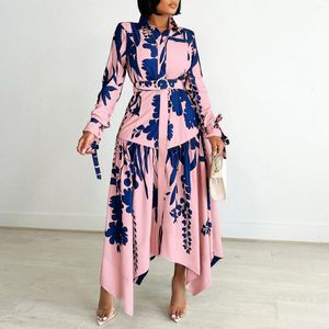 Robes décontractées 2024 Printemps Imprimé Irrégulière Maxi Robe Femmes Revers Impression Bouton Fête Soirée Vacances Avec Ceinture