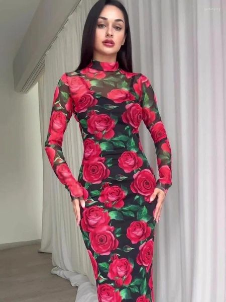 Robes décontractées 2024 Spring Red Fleurs imprimées au milieu de l'éloge pour les femmes Élégant Vintage High Bodycon Long Manche de soirée Robe de fête