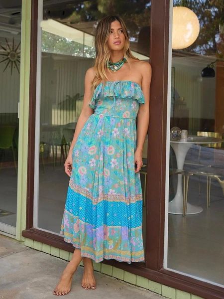 Vestidos casuales 2024 Spring Summer Algodón Sexy fuera de los hombros sin tirantes Bohemio Viscosa Valbote Vestido de playa Mujer Long Floral Boho Sundress