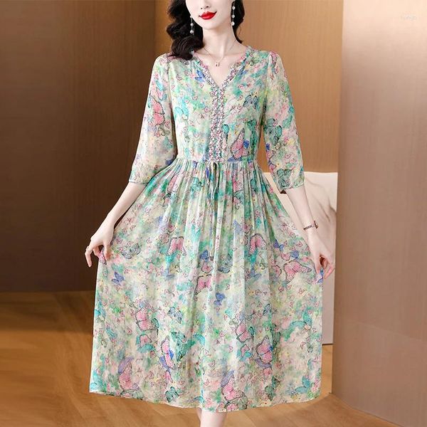 Vestidos casuales 2024 Spring Summer Floral Silk Manga larga Midi Mujeres Boho Fashion Coreana Elegante Luxury Festival Vestidos