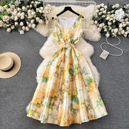 Casual jurken 2024 Spring zomer bloemenprint vakantie midi jurk vintage dames v nek mouwloos vest jacquard riem bll jurk vestidos