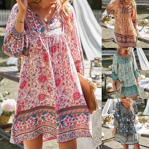 Robes décontractées 2024 Printemps Été Vintage Robe à imprimé floral Femmes V Col à manches longues à manches courtes Mode Lâche Style Bohème