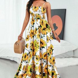 Robes décontractées 2024 printemps été vêtements pour femmes jaune tournesol imprimé fronde longue robe de vacances