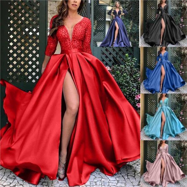 Robes décontractées 2024 printemps / été femmes dentelle et paillettes grand affichage sexy robe longue queue banquet robes de soirée du soir