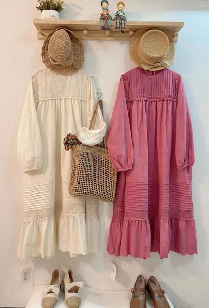 Robes décontractées 2024 Femmes printanières Coton et lin Robe midi rond Style japonais Style lâche Line Longée Couleur Boho Vestide