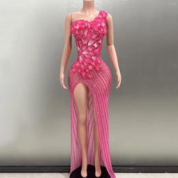 Casual jurken 2024 Lente vrouwen één schouder sexy stralende strass bodycon Long Maxi Dress Performance Custome Stage Wear Evening Dres