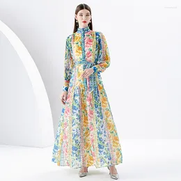 Casual Jurken 2024 Stijl Mode Elegante Losse Dames Opstaande Kraag Lantaarn Mouw Golfrand Lange Geschilderde Print Jurk