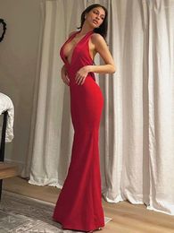 Casual jurken 2024 Zomer Backless Red Bowknot Evening Jurk vrouwen elegante sexy mouwloze halter nek hoge taille lang bruiloft feest