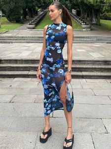 Casual Jurken 2024 Zomer Blauwe Bloemen Gedrukt Mid-kalf Mesh Voor Vrouwen Sexy Elegante Mouwloze Bodycon See Through Slit vakantie Jurk