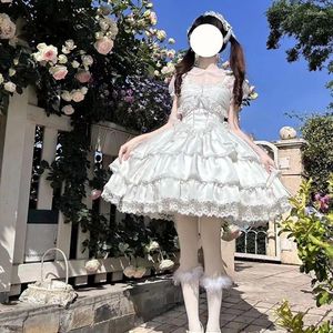 Casual Jurken 2024 Zomer Klassieke Elegante Jarretel Jurk Vrouwen Lolita Zachte Meisje Solid Kawaii Boog Trailing Kant Bruiloft JSK