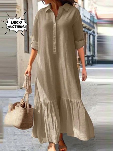 Robes décontractées 2024 Coton d'été et longue jupe de style femme élégante Cold à moitié ouvert vintage