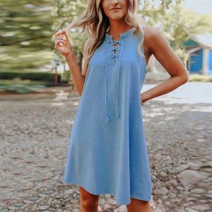 Casual Jurken 2024 Zomer Denim Tank Jurk Voor Vrouwen Sexy Mouwloze Lace Up Jeans Tops Strand Vakantie Zonnejurk Party vestidos Gewaad