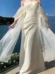 Robes décontractées 2024 Été Fée Longue Robe Femmes Bretelles Mesh Châle Élégant Split Po Romantique Plage Mariage Slim Jupe De Vacances