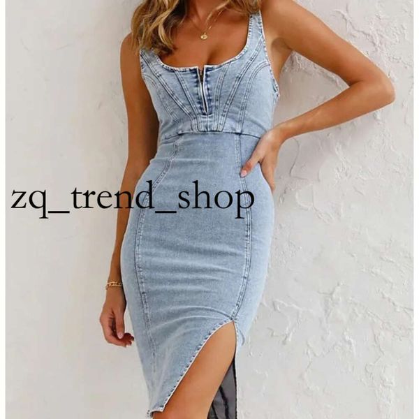 Vestidos casuales 2024 Summer Fashion Sexy Side Split Swlevels Skinny Vintage Zip Up Venaje elegante Santa Denim Vestido de jeans para mujeres 2 67