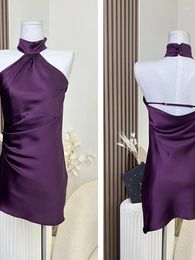Robes décontractées 2024 Mode d'été Femmes Slim Robes plissées cou-monté violet une pièce femme asymétrique fête robe de bal Vintage