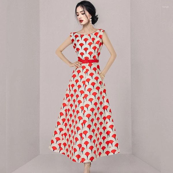 Robes décontractées 2024 Summer coréen Fashion Elegant Print Ball Robe longue robe de haute qualité Femme O-Neck Sans manchés