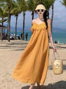 Vestidos casuales 2024 Summer Estilo coreano Mujeres Amarillo suelto a línea sin mangas