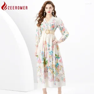 Robes décontractées 2024 dentelle d'été épissant imprimé floral robe maxi femme en V