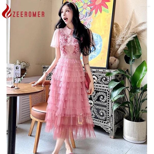 Robes décontractées 2024 Summer Luxury Sweet Pink Mesh Cake Robe Femme Elegant Abrodery Brodemery Lace Short Mancheve High Waist Party Princess