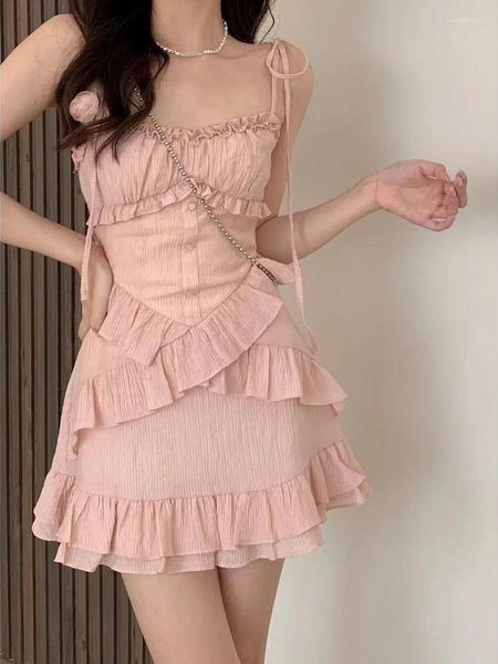 Vestidos casuales 2024 verano rosa correa vestido oficina dama sin mangas estilo playa y2k mini incluso fiesta outwear una pieza coreana