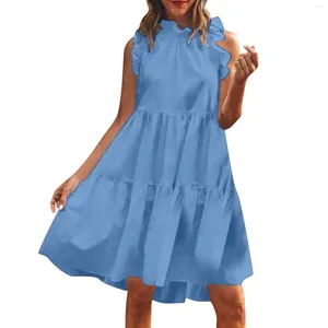 Robes décontractées 2024 Summer Plus Taille Robe solide à volants à volants Flowy Bohemian Beach Sundress Vintage élégant pour les femmes Office Lady