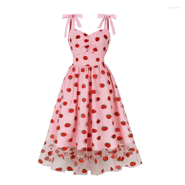 Robes décontractées 2024 Été Sexy Dos Nu Spaghetti Sangle Fraise Fête Rose Mesh Femmes Rockabilly Pin Up Vintage Robe Rétro