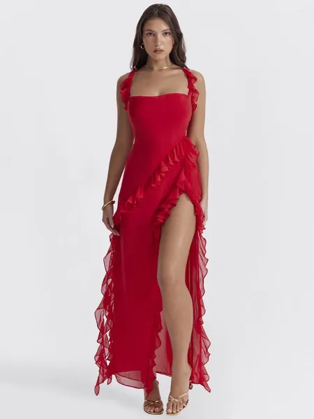 Vestidos casuales 2024 verano sexy volantes rojos correa de espagueti sin espalda mujeres largas sin mangas elegante club vestido de fiesta playa vestidos de hendidura