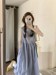 Casual jurken 2024 Zomer mouwloze ronde nek gestreepte middele lengte jurk voor damesriem Koreaanse editie L205