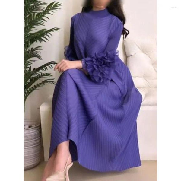 Vestidos casuales 2024 verano color sólido temperamento manga larga suelta más tamaño vestido plisado retro formal maxi para las mujeres