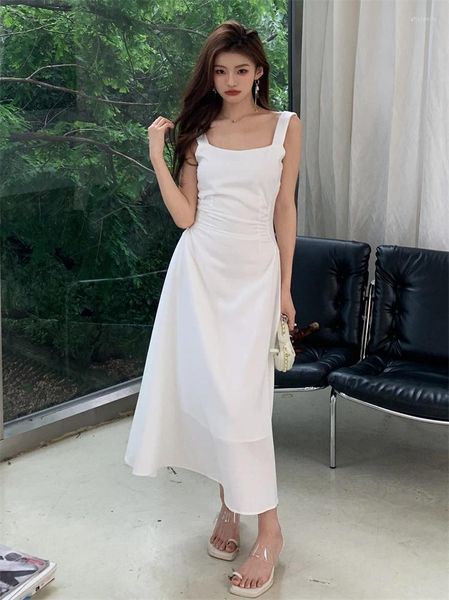 Vestidos casuales 2024 Verano Spaghetti Strap Blanco Mujeres Estilo coreano A-Line Color Sólido Sling Vestido Mujer Sundress Elegante
