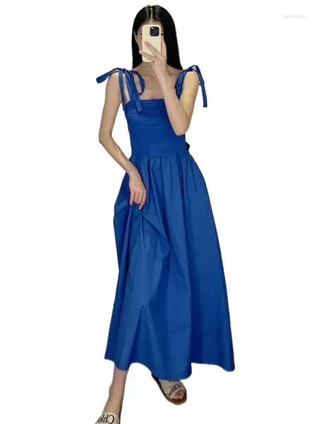 Vestidos casuales 2024 Summer Spaghetti Strap Lace Up Royal Blue Dress Spring Autunm Long Maxi Bohemian Beach Vestidos