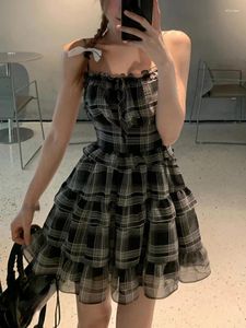 Casual jurken 2024 Zomer zoete sexy plaid riem jurk vrouwen kawaii kleding y2k mini avond kort feest Koreaanse mode chic