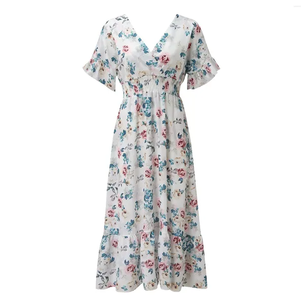 Robes décontractées 2024 Été Vintage Floral Party Robe Femme Femme Élégante taille élevée De même volants à manches courtes Boho Boho Beach