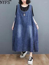 Casual Dresses 2024 Summer Vintage Woman Dress Vestidos Robe Elbise Loose Plus Size Blue Sleeveless Denim Long
