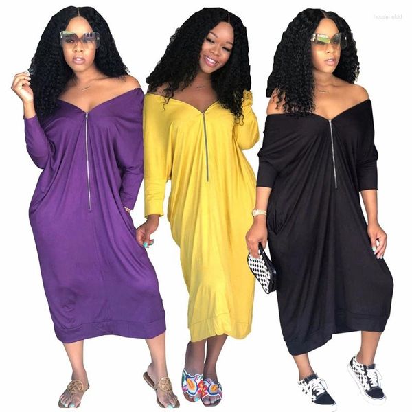 Robes décontractées 2024 Été Femmes Robe Manches longues Chic Solide Fermeture à glissière Slash Cou T-shirt Mi-mollet Longueur Mode S-XXL