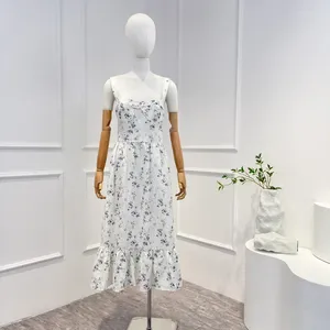 Casual jurken 2024 Zomer Women Fashion Collection White Linen Gedrukte Prairie Chic Spaghetti-band Mid-Kalf