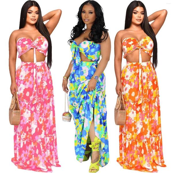 Robes décontractées 2024 Femmes d'été Imprimé floral Long Beach Robe Suit dames Sexy Taist Crop Tube Tops Maxi Jupe en deux pièces Dashiki