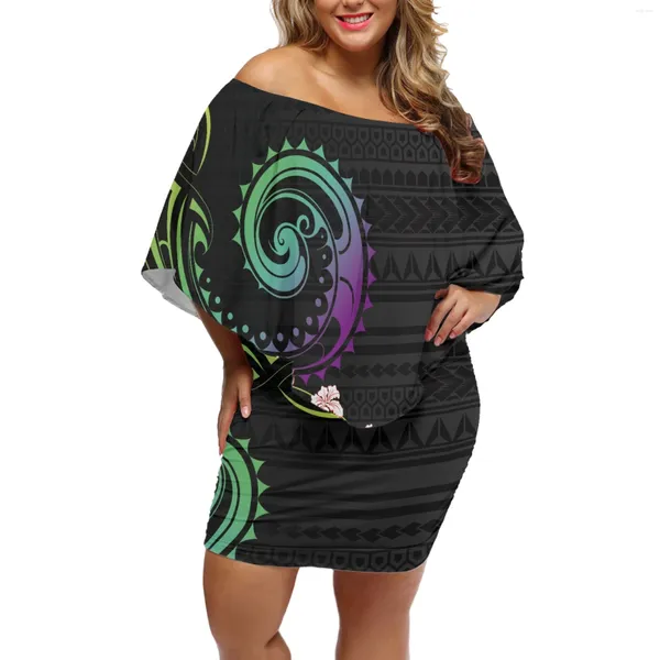 Robes décontractées 2024 Summer Femmes Polynésie Hawaii Tribu Sentiment amoureux Vêtements Dames Sexy Fesses Robe Oblique Épaule Châle Frill