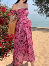 Robes décontractées 2024 Été Femmes Rose Robe imprimée Mode française Dames Slash Cou Slim Swing A-ligne Mi-mollet Robes de Mujer