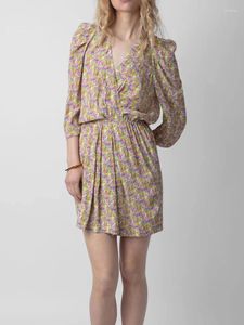 Casual jurken 2024 zomer dames bloemenprint viscose mini jurk dames dames met lange mouwen elastische taille korte gewaden voor vakantie