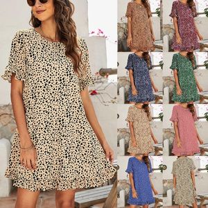 Robes décontractées 2024 Été pour femmes Leopard Imprimé rond Round Cou Front Courte courte robe à volants longues